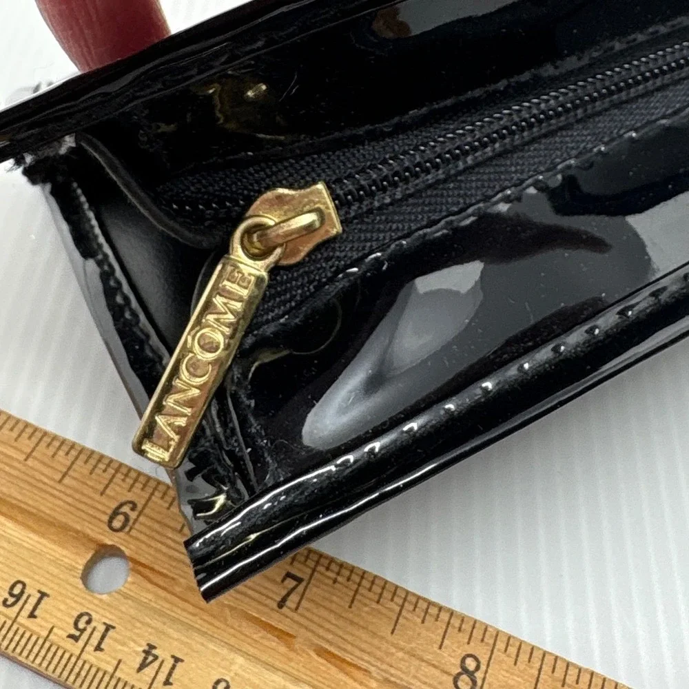 Lancome Black Faux Patent Leather Makeup Bag‎ Gold Logo Zipper Pull Cosmetic Bag